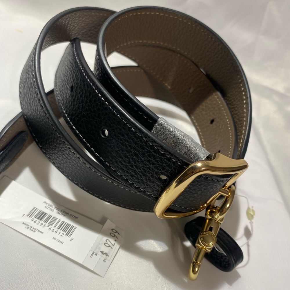 NWT COACH CZ785 Reversible Strap In Refined Pebble Leather tan/Black Dark Stone